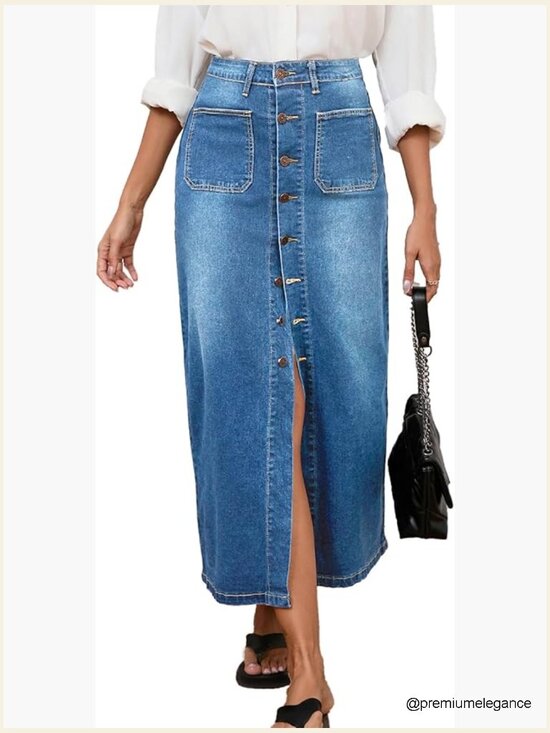 Dresses & Skirts - High Waist Stretch Midi Denim Jean Skirt with Pockets
